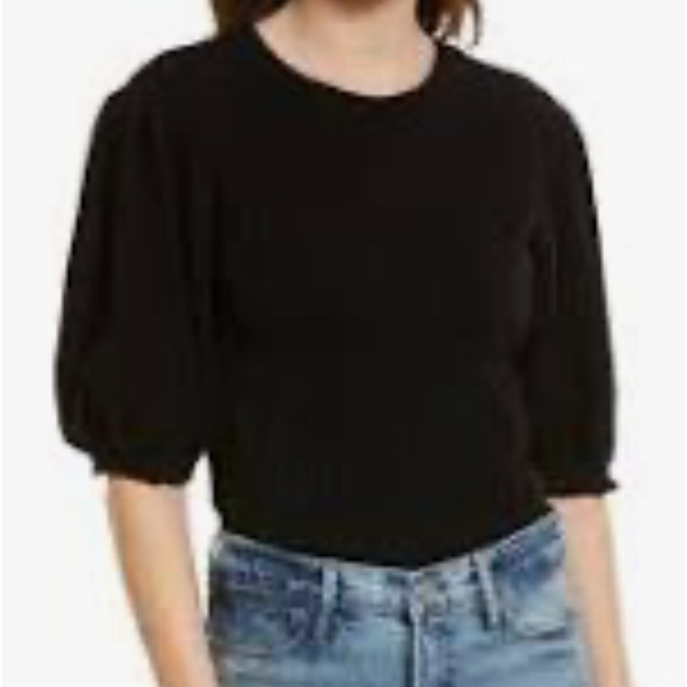 Frame 100% Cashmere Smocked Puff Sleeve Black Sweater